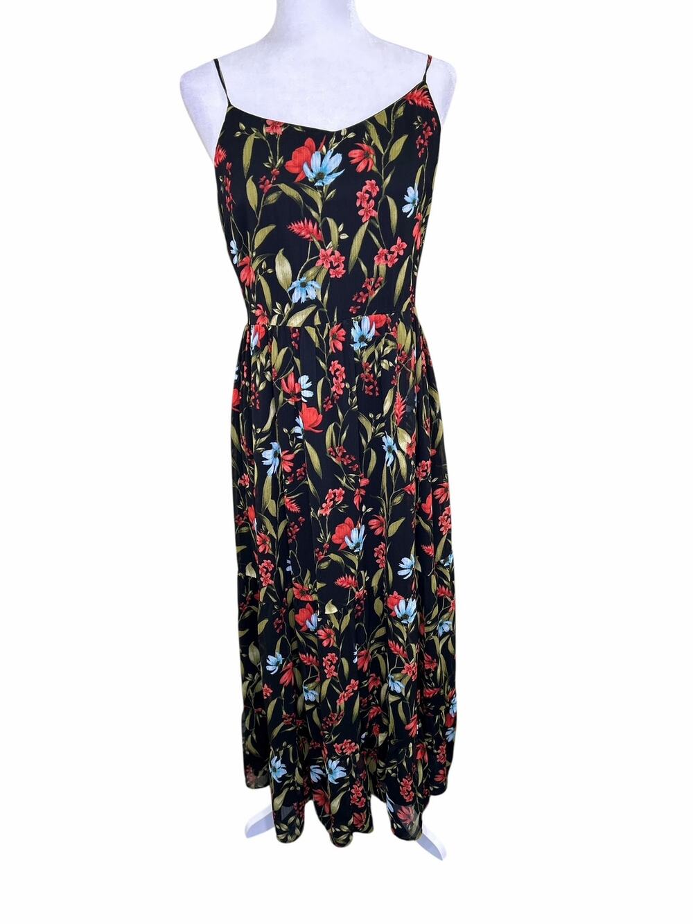 CeCe Black Cocktail Floral Print Sleeveless Maxi Dress Adjustable Straps Large